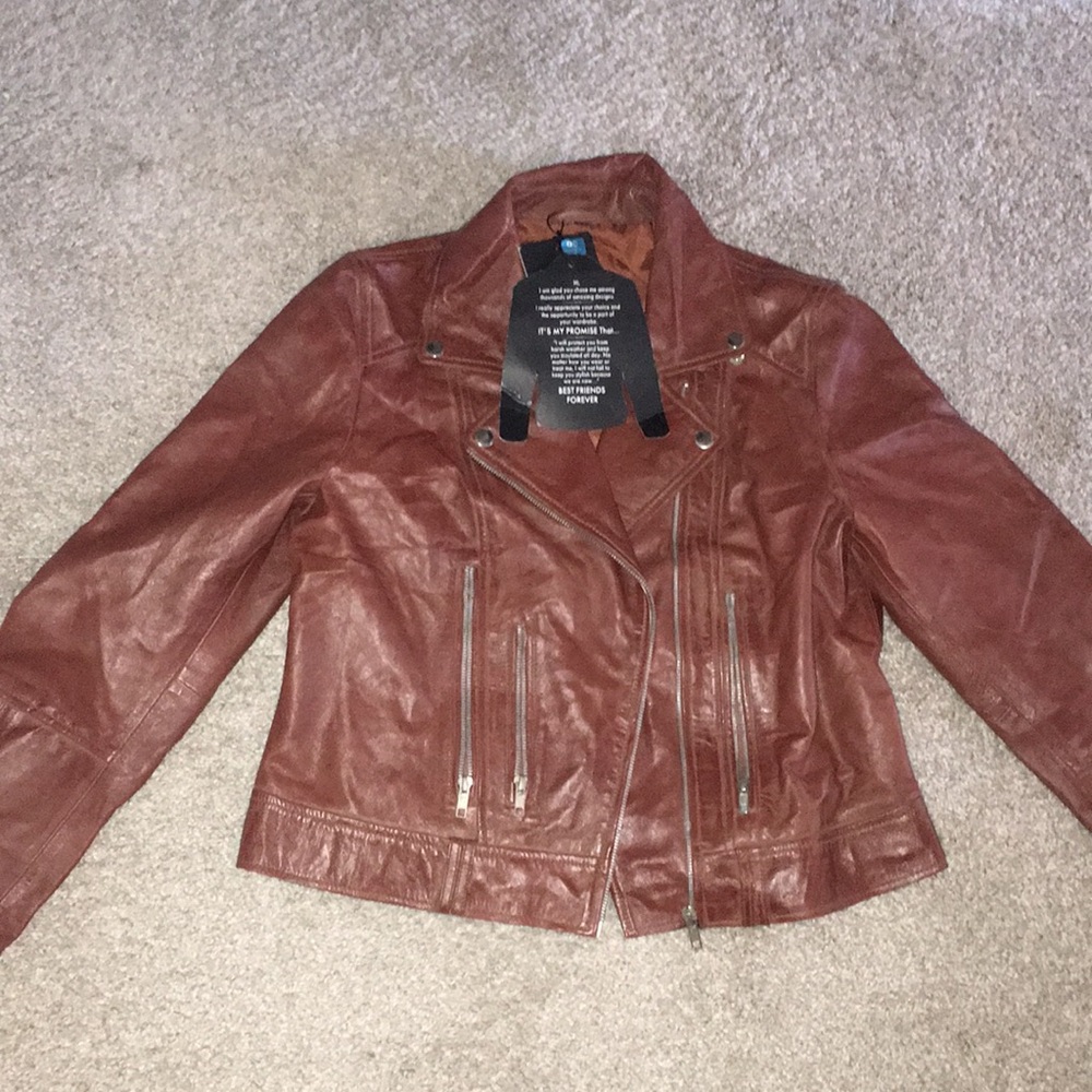 ALDO BRAND COGNAC COLOR REAL LEATHER MOTO ZIP FRONT LINED JACKET SIZE LARGE